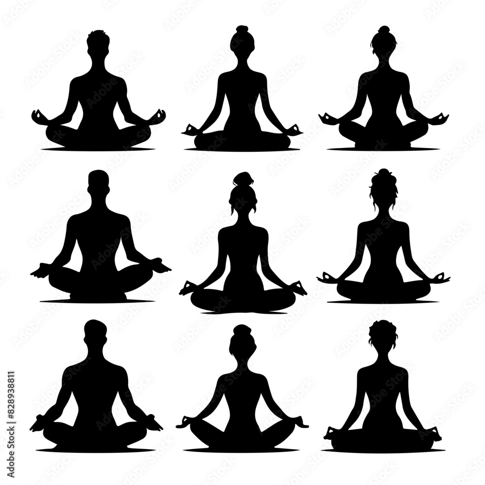 set of yoga and meditation silhouettes poses set of yoga and meditation silhouettes poses