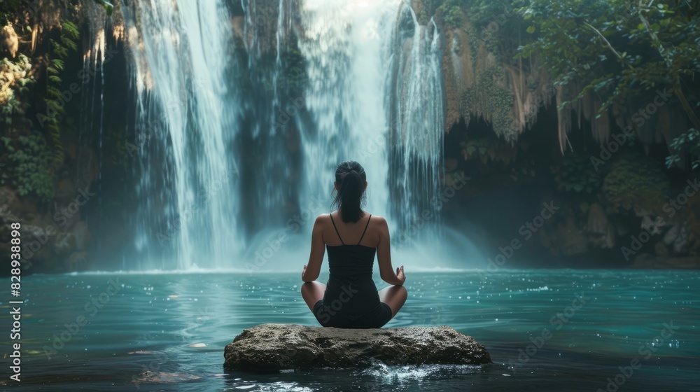 Woman meditates while sitting on rock in front of waterfall. Woman meditates while sitting on rock in front of waterfall.