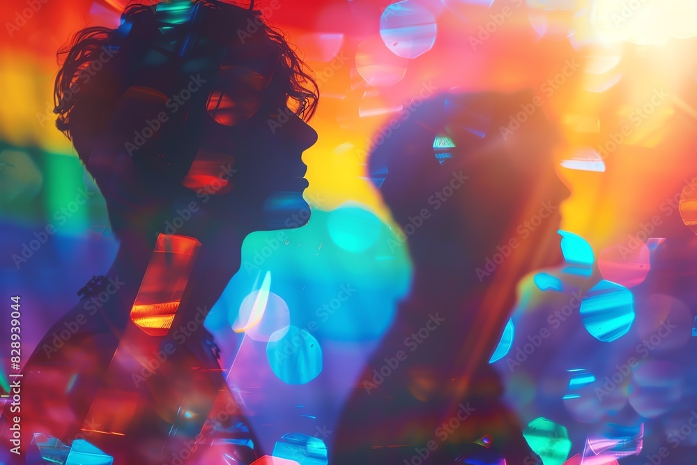 Silhouettes against a background of vibrant, colorful light bokeh. Abstract, dreamy, and artistic atmosphere. Silhouettes against a background of vibrant, colorful light bokeh. Abstract, dreamy, and artistic atmosphere.