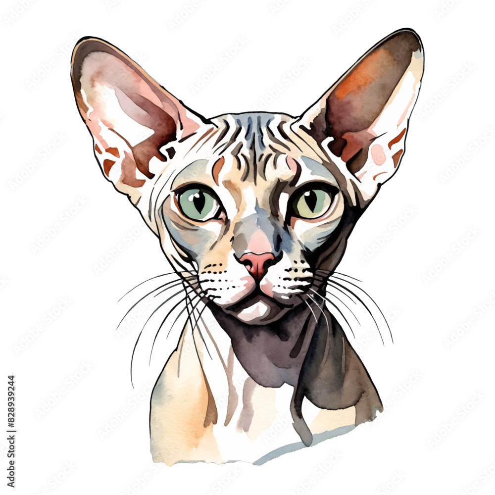 Sphynx Cat Hand Drawn Watercolor Painting Illustration