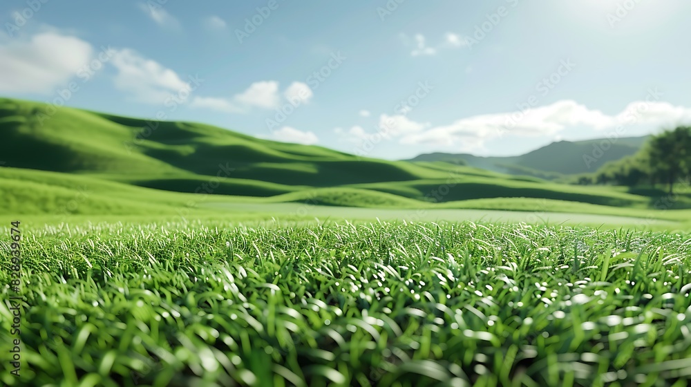 A beautifully manicured golf course with rolling hills and vibrant green grass under a clear blue sky.