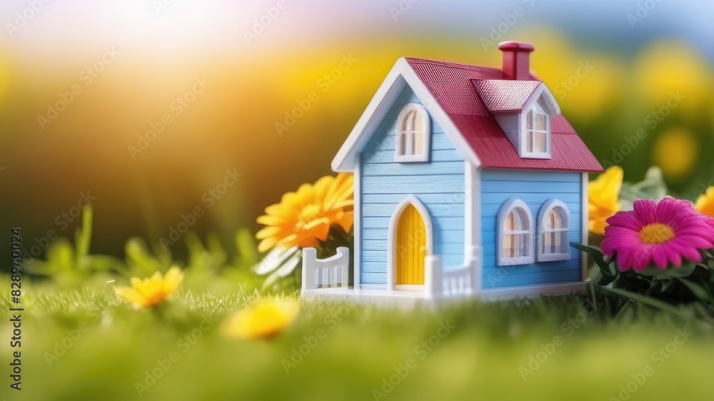 house on background of woods and flowers.Free space for text. Realty. 3D model of the house. The concept of selling house, home insurance, rent. forest, flowers, ecology, rural real estate, nature. house on background of woods and flowers.Free space for text. Realty. 3D model of the house. The concept of selling house, home insurance, rent. forest, flowers, ecology, rural real estate, nature.