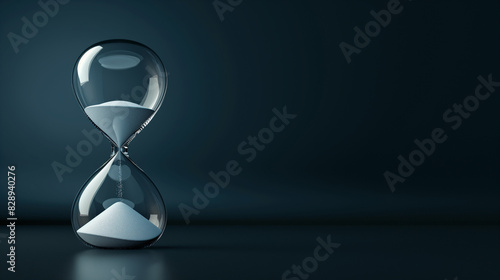 An elegant hourglass with flowing white sand set on a dark blue background with space for text.