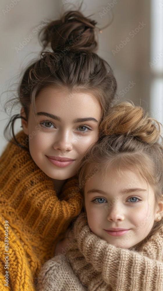 A woman is holding a child in a yellow hat and scarf. The child has blue eyes and a smile on their face. The image conveys a warm and loving moment between the mother and child A woman is holding a child in a yellow hat and scarf. The child has blue eyes and a smile on their face. The image conveys a warm and loving moment between the mother and child