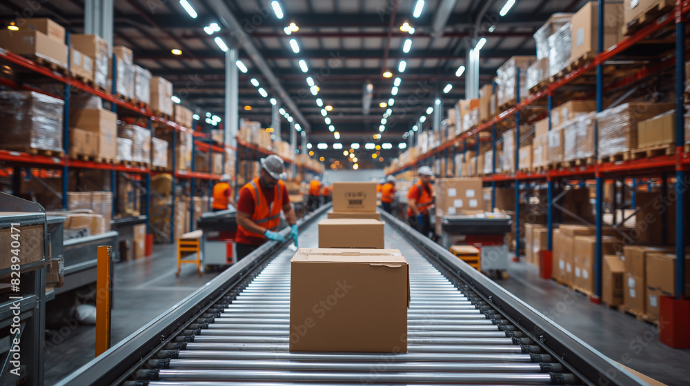 Closeup of multiple cardboard box packages seamlessly moving along a conveyor belt in a warehouse fulfillment center	
