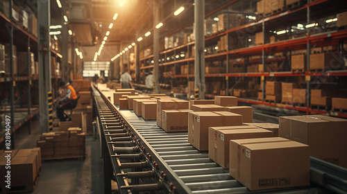 Closeup of multiple cardboard box packages seamlessly moving along a conveyor belt in a warehouse fulfillment center 