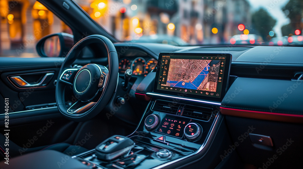 interior of a high-tech car with a built-in navigation system, colorful map and clear directions interior of a high-tech car with a built-in navigation system, colorful map and clear directions