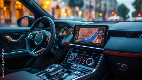 interior of a high-tech car with a built-in navigation system, colorful map and clear directions photo