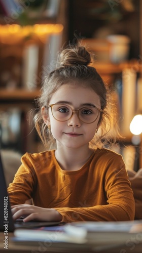 A young girl sitting at a table, focused on a laptop screen