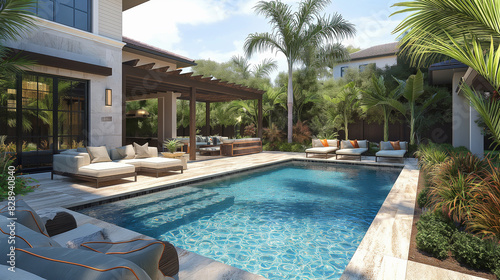 backyard with a refreshing pool in the shade of a stylish gazebo  comfortable garden furniture and tropical landscaping