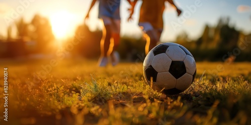 Close-up of a soccer ball on the grass with players and sunset in the background