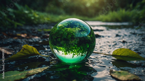 World Environment Day Poster Background. Green forest inside the glass sphere