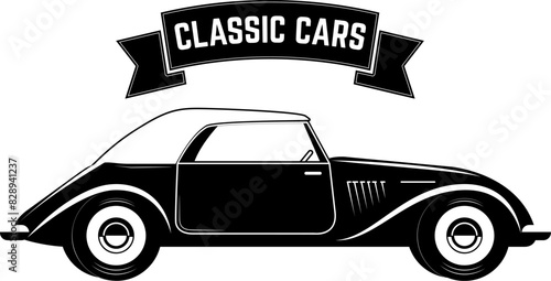 Vintage cars sale. Retro car icon. Car repair. Design element for logo, label, emblem. Vector illustration.