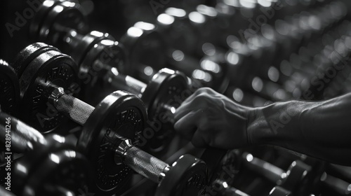 Rows of dumbbells in the gym with hand photo