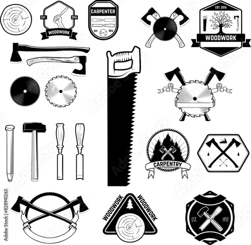 Carpentary and woodwork emblems. Set of logo, labels, badges and logotype elements for sawmill, carpentry and woodworkers