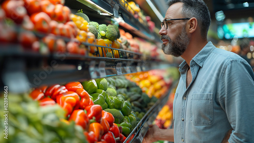 An elderly man with gray hair chooses fresh vegetables in a supermarket
