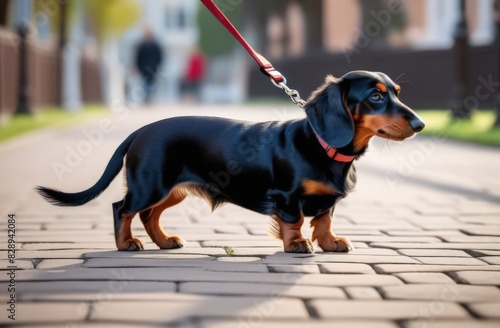woman walks with the dog on a leash in the park . dachshund are barking near a woman's feet.