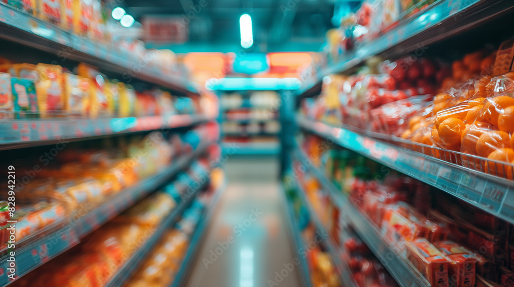 
shelf of products and goods in a supermarket blurred abstract background