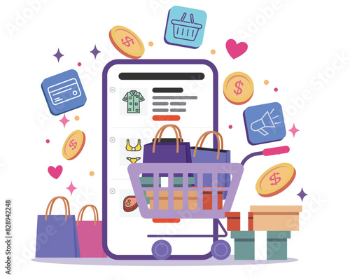 Online shopping illustration. Vector illustration featuring a shopping cart embellished with a charming gift box and a chic shopping bag