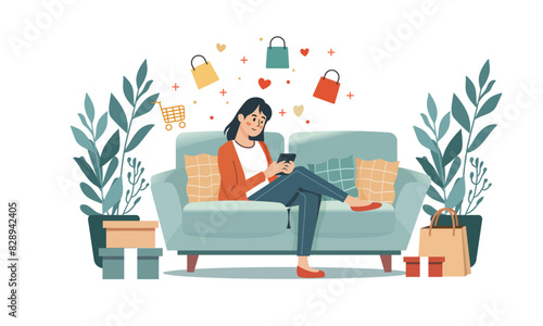 Charming young woman smiling while browsing online shopping apps on her smartphone, making purchases effortlessly