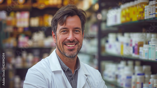 Smiling pharmacist standing behind the counter against the background of shelves with medicines