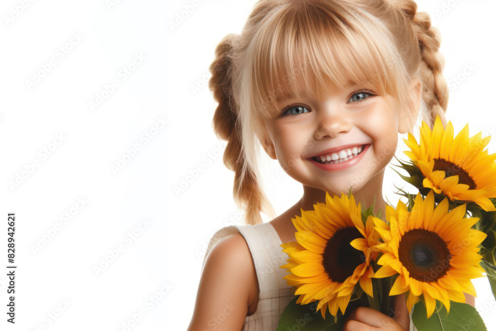 Cheerful blonde Child with sunflower Isolated on white background Cheerful blonde Child with sunflower Isolated on white background