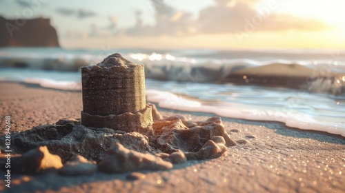 Sand tower and seaside background. Generative Ai. photo