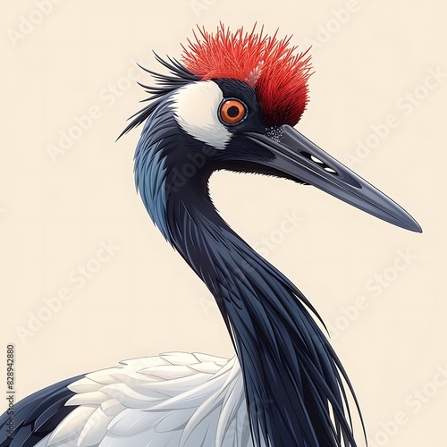 cute cartoon adult female Redcrowned Crane Grus japonensis with white and black plumage happy found in Japan Asia photo