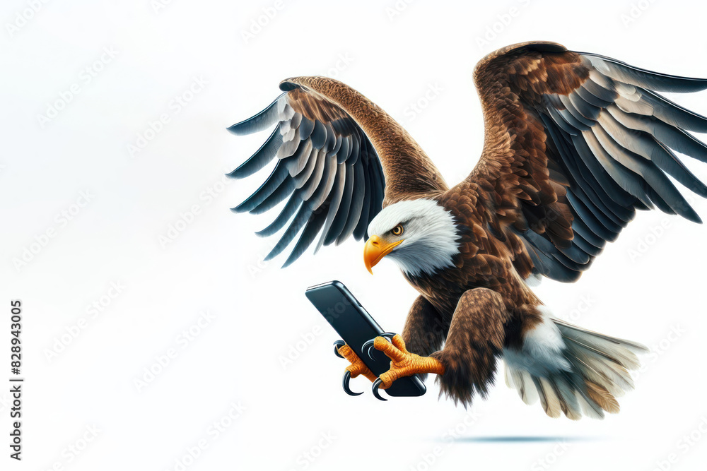 Obraz premium eagle flies with a smartphone in paws Isolated on white background