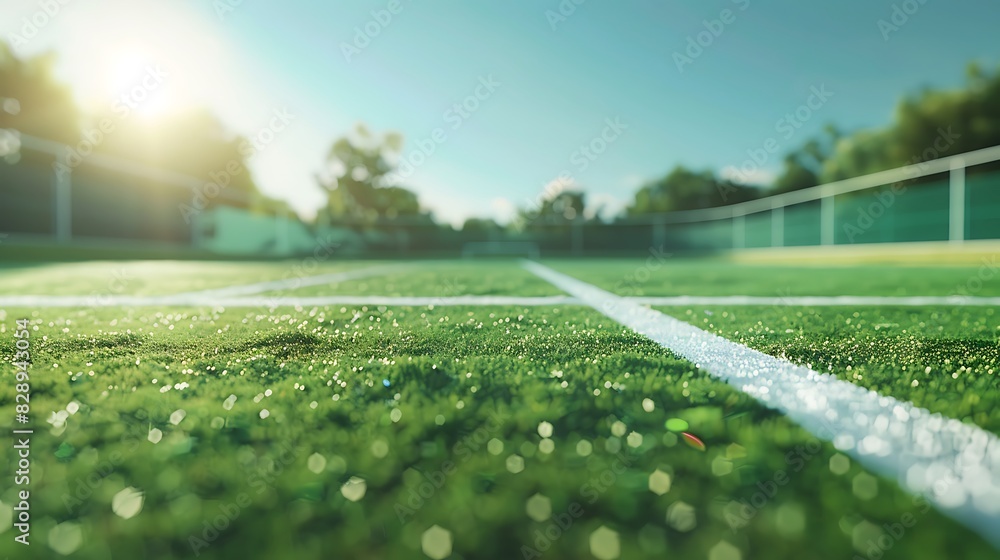 A vibrant green grass court with fresh white lines and a bright, clear sky.