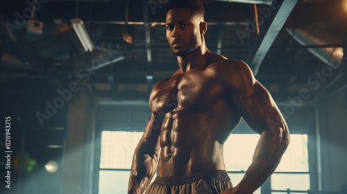 Muscular man with glistening skin in a gym, posing confidently and highlighting his defined physique and strength