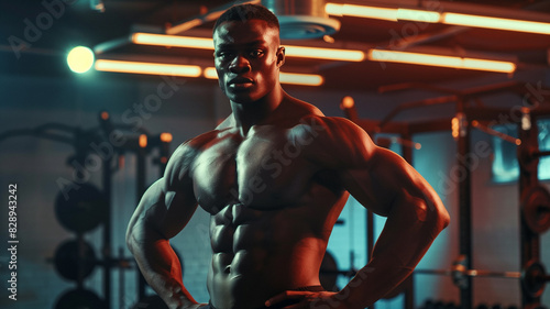 Muscular man with glistening skin in a gym, posing confidently and highlighting his defined physique and strength