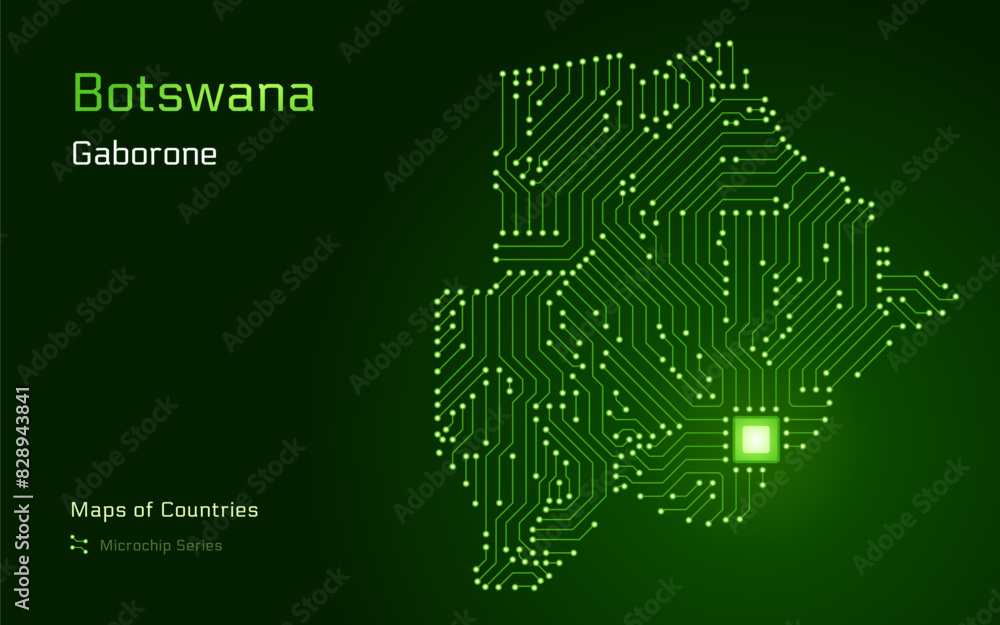 Naklejka premium Botswana Map with a capital of Gaborone Shown in a Microchip Pattern with processor. E-government. World Countries vector maps. Microchip Series 