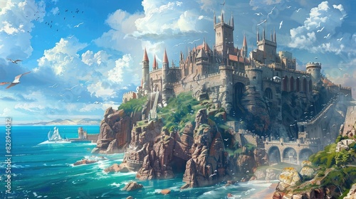  A medieval castle on a cliff overlooking the ocean, with knights and dragons. Medieval castle, cliffside setting, ocean view, knights, dragons, epic fantasy. Resplendent