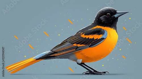 cute cartoon adult male Baltimore Oriole Icterus galbula with orange and black plumage happy found in the United States North America photo