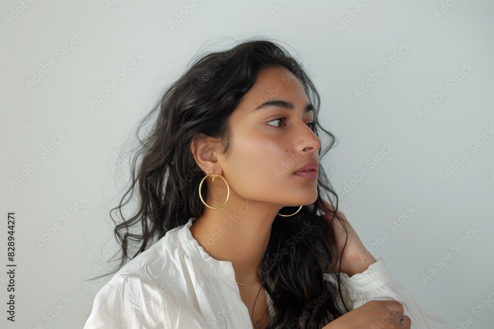 young South Asian woman looking to the side, wearing gold hoop earrings and a white blouse, white background young South Asian woman looking to the side, wearing gold hoop earrings and a white blouse, white background