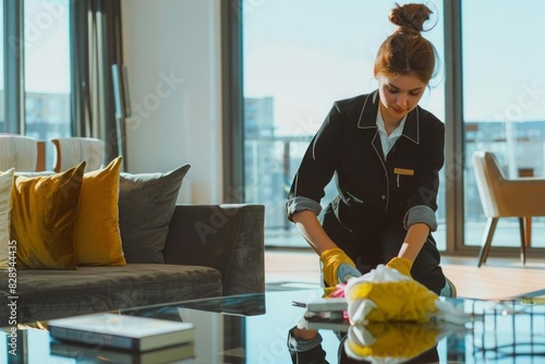 A chambermaid in a neat uniform polishing a glass coffee table in a contemporary living room with a cleaning kit nearby