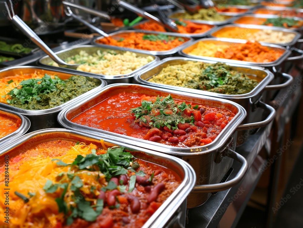 A table full of food with many different dishes. The food is colorful and appetizing. The table is set up for a buffet-style meal