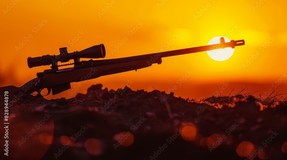 Memorial Day tribute an upright rifle in dirt as a minimalist symbol copy space, solemn reflection, vibrant, silhouette against a sunrise backdrop Memorial Day tribute an upright rifle in dirt as a minimalist symbol copy space, solemn reflection, vibrant, silhouette against a sunrise backdrop