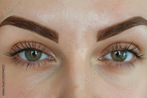 A woman eyes and brow area comparing the lifting effect of an eyelid surgery before and after the procedure photo