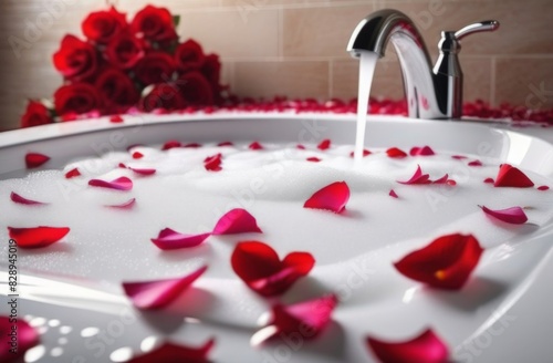 Red rose petals scattered on the white bath bubble on the Jacuzzi tub, top view