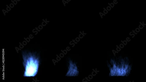 Three different blue flame styles, fire created by butane gas, black background photo