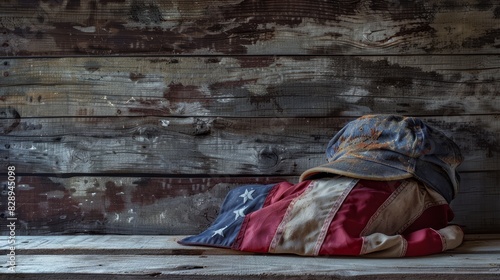 Memorial Day homage with a folded American flag and soldier s cap, in a minimalist composition focus on, tribute to the fallen, whimsical, manipulation with a weathered wood backdrop