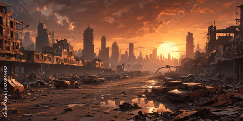post-apocalyptic cityscape during sunset