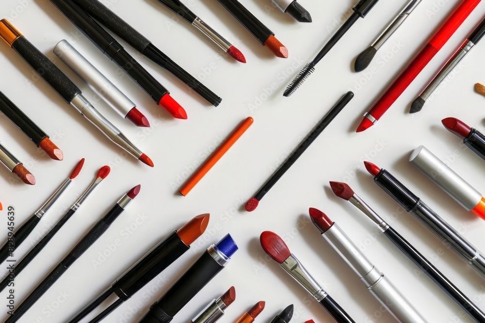 An array of lip liners and lipsticks on a minimalist background highlighting the tools used for lip contouring