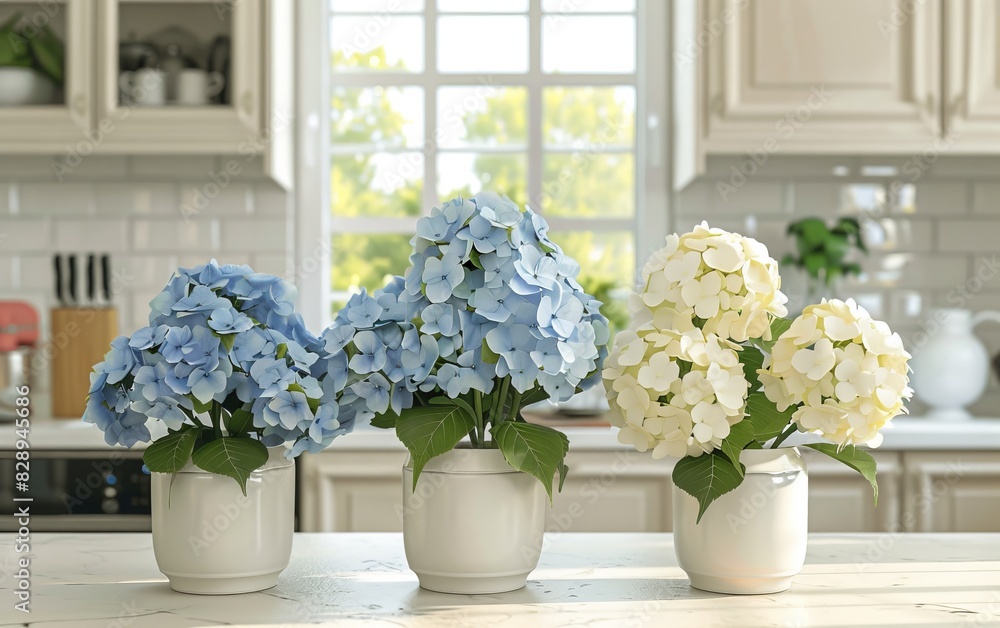 Fototapeta premium Three white vases on a kitchen countertop filled with blue and white hydrangea flowers