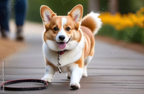 Happy welsh corgi pembroke dog portait holding a leash during a walk in the city center