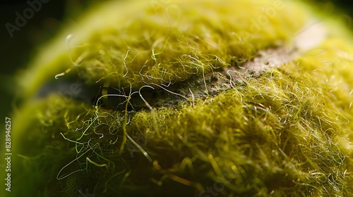 The texture of a tennis ball captured in extreme close-up, highlighting the fuzz and color variations.