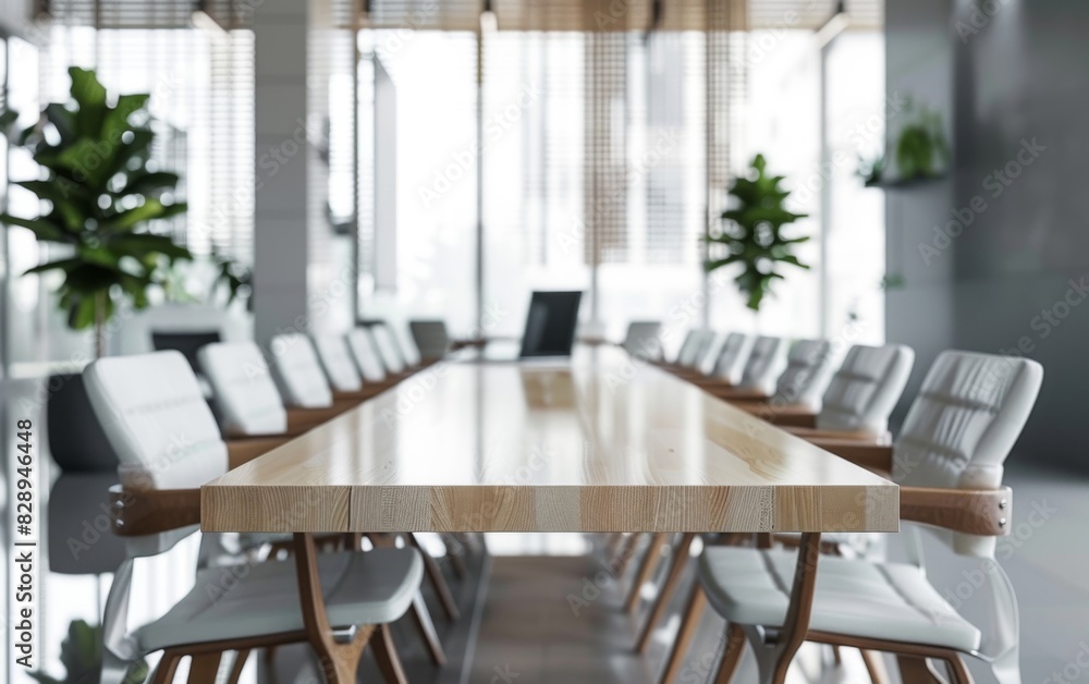 Fototapeta premium Modern dining room setup featuring a long wooden table surrounded by white chairs