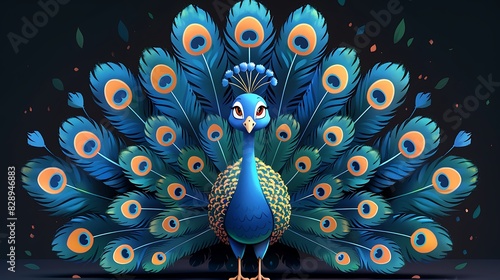 cute cartoon adult male Peacock Pavo cristatus with blue and green plumage happy native to India Asia photo